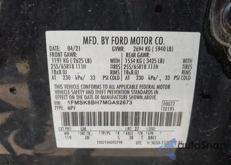 2021 Ford Explorer z USA, uszkodzony, nr VIN 1FMSK8BH7MGA92673